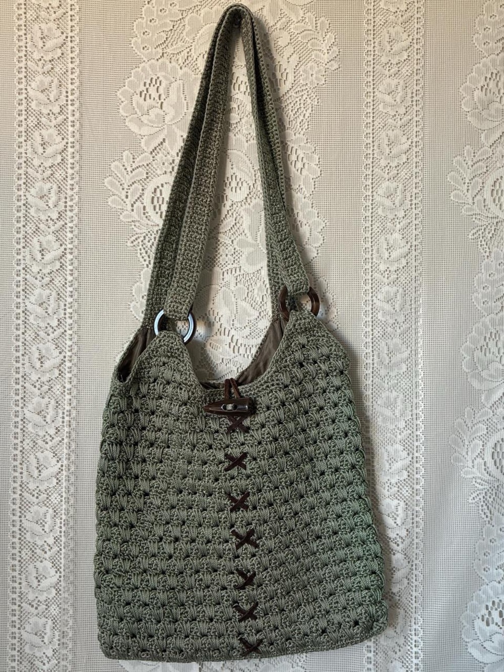 Olive Green Crochet Shoulder Bag with Toggle Detail